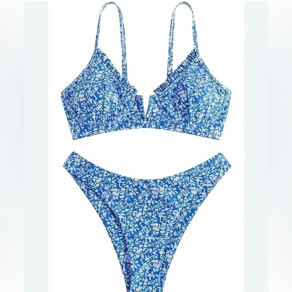 Zaful Blue Floral Bandeau Bikini